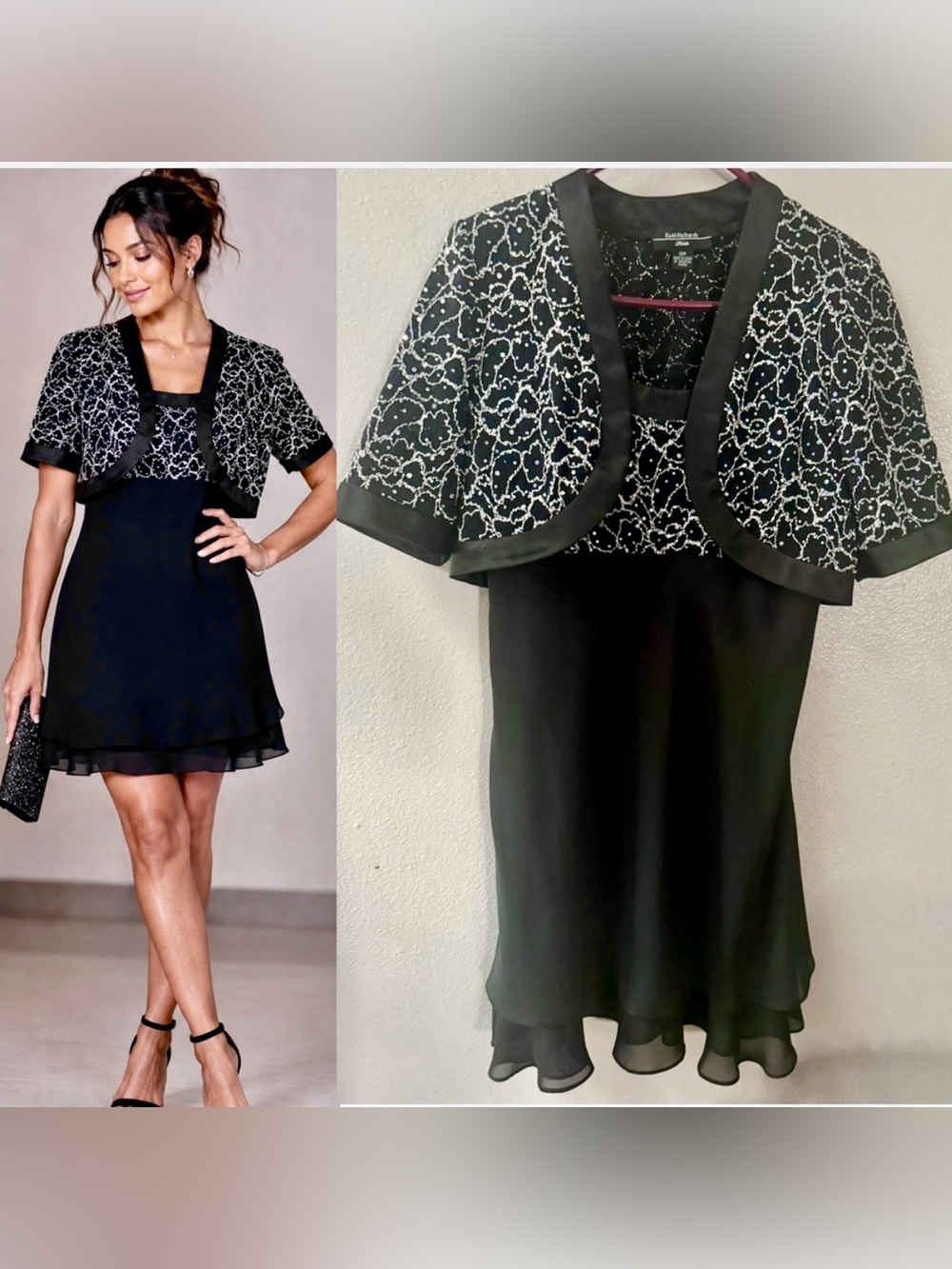 R&M RICHARDS 2 PIECE BLACK/SILVER JACKET COCKTAIL DRESS SIZE 10P